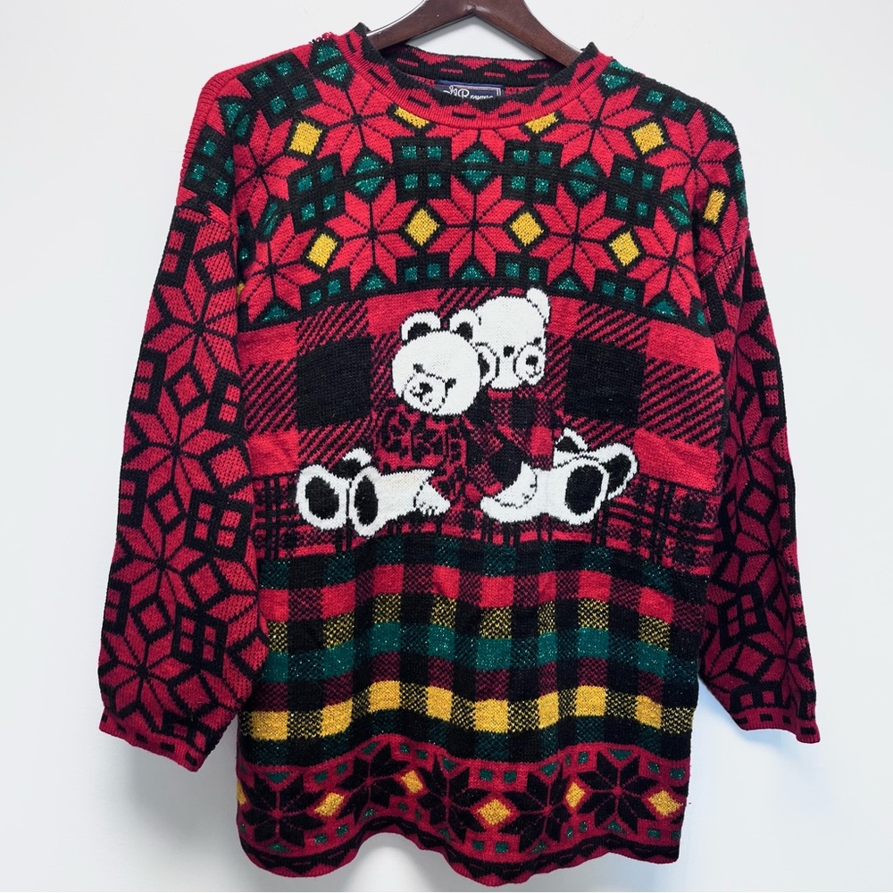Vintage Teddy Bear Knit Holiday Sweater Red Black Metallic